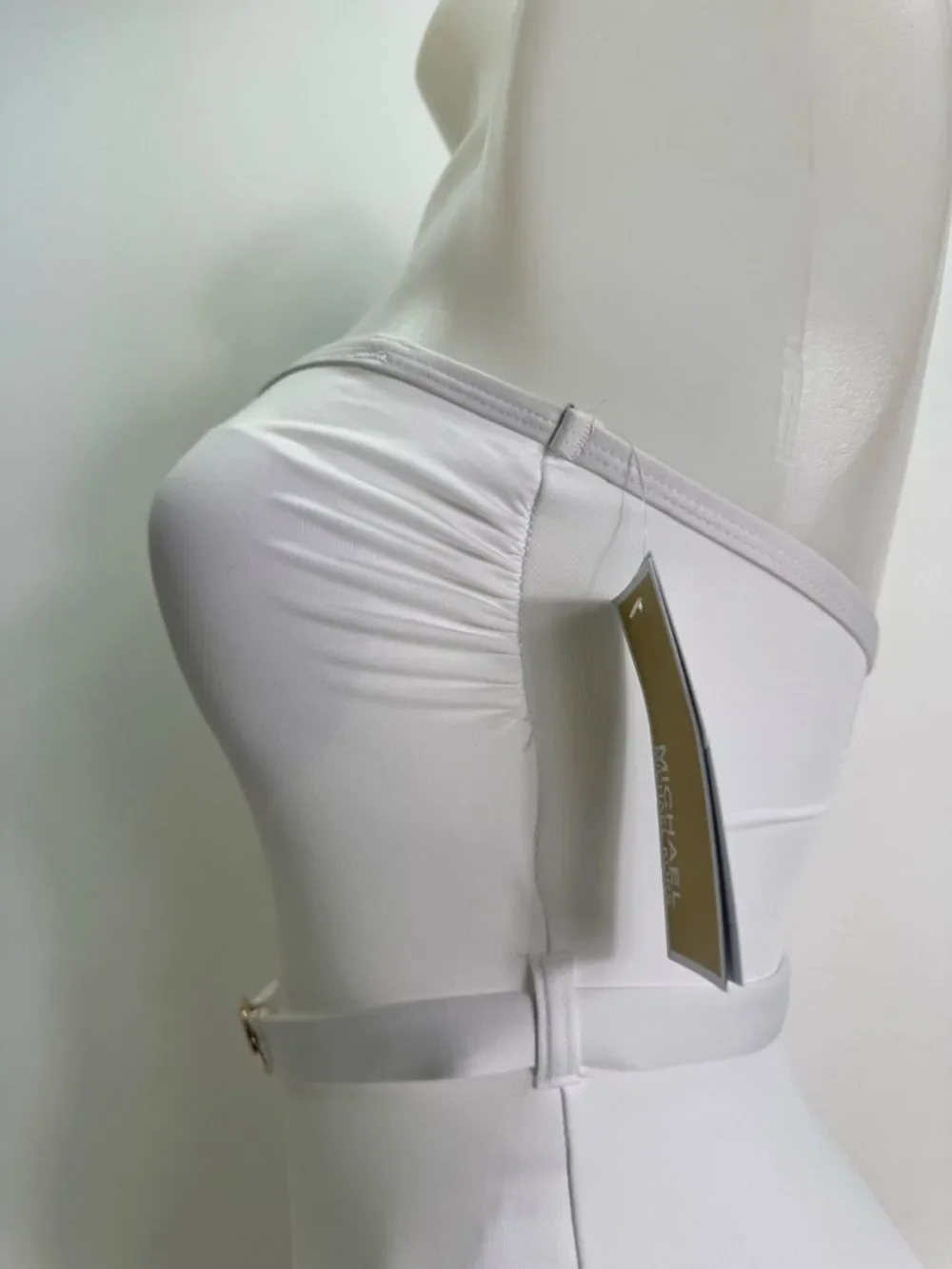Michael Kors White Strapless One-Piece Swimsuit with Gold MK Ring Belt Sz 6 NWT
